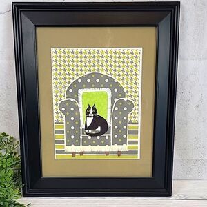 Handmade paper art collage of cat on couch Framed 17" X 14"